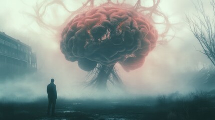 Poster - Brain Structure. A Concept Illustration of Human Brain with Silhouette in Misty Atmosphere