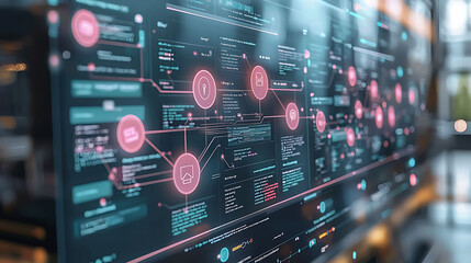 Poster - Stunning closeup of a futuristic digital interface displaying complex data streams and network connections.  Perfect for illustrating concepts of big data, cybersecurity, AI, or software development.