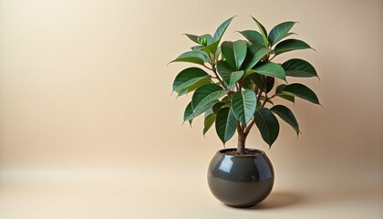 Poster - Ficus Plant in Dark Ceramic Pot on Soft Light-Colored Background