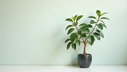 Poster -  Ficus Plant in Dark Ceramic Pot Against Simple Light Background