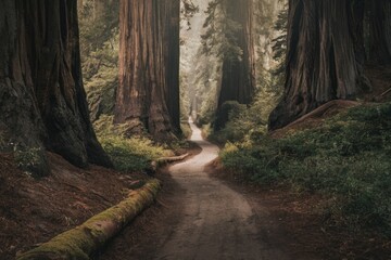 Poster - A winding path through a Redwood forest on a misty morning, creating a serene and mystical atmosphere.