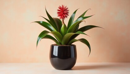 Poster - Guzmania Plant in Dark Ceramic Pot on Soft Light Background