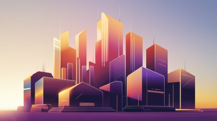Aufkleber - Stylized illustration of a futuristic city skyline at sunset, showcasing vibrant colors and geometric shapes.
