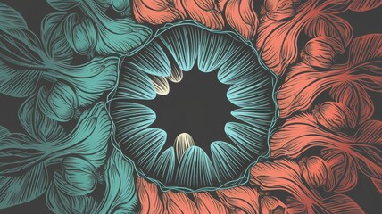 Poster - Intricate floral design with teal and coral tulips surrounding a central eye-like pattern.