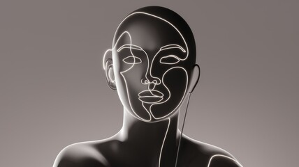 Poster - Abstract 3D model of a woman's face with glowing line art, minimalist and modern.