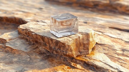 Poster - Transparent ice cube on desert rock, sunlit backdrop