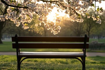 Wall Mural - Beautiful sunset illuminates a bench under blooming cherry blossom trees in a tranquil park setting