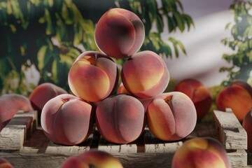 Poster - A pyramid of ripe peaches sits on a rustic wooden crate, bathed in sunlight.