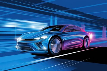 Aufkleber - Sleek blue electric car speeding through a futuristic city tunnel at night.