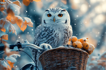 White owl is sitting on a basket of fruit. The basket is filled with oranges and apples. The owl is looking at the camera with a curious expression. The scene is set in a snowy environment