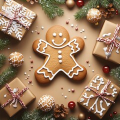 Wall Mural - gingerbread and gifts happy new year. festive background.
