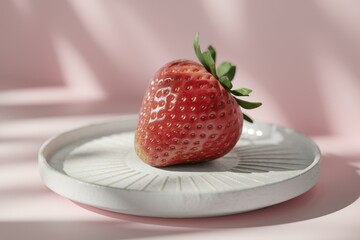 Poster - A single, ripe strawberry rests on a minimalist white plate against a soft pink backdrop.
