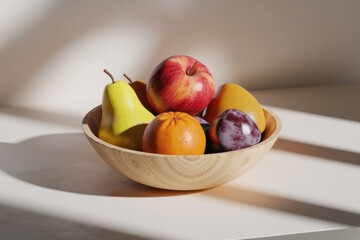 Poster - A wooden bowl filled with a vibrant mix of fresh fruits like apples, pears, oranges, and plums, bathed in sunlight.
