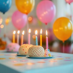 Aufkleber - Colorful birthday celebration featuring vibrant balloons and glowing candles on a cheerful table. Generative AI