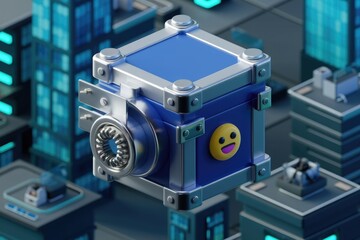 Poster - A blue metallic cube with a happy emoticon, resembling a futuristic data vault in a cityscape.