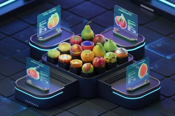 Poster - Assortment of fresh fruits displayed on a futuristic, tech-infused platform with nutritional information.