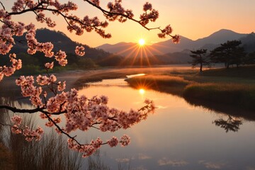 Wall Mural - Sunset over a tranquil river with cherry blossoms framing the scene in a serene landscape