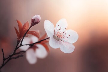 Wall Mural - Cherry blossom branch with delicate pink flowers against a soft background during springtime in a tranquil garden