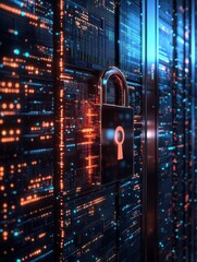 Poster - lock symbolizing cybersecurity in a vibrant digital server environment.