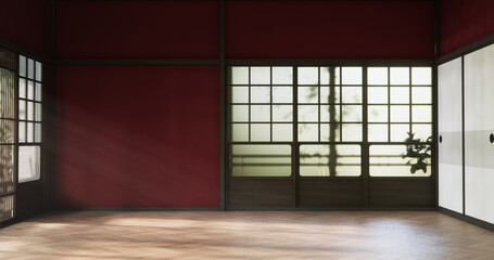 Wall Mural - The interior color Red room inteior with tatami mat floor.3D rendering