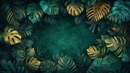 Wall Mural - Golden teal tropical leaves frame dark background. AI Generated