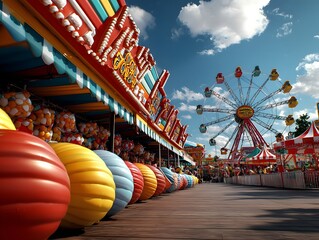 Vibrant and lively carnival midway filled with an array of colorful stalls thrilling carnival rides and imaginative games that evoke a sense of pure unadulterated fun and excitement