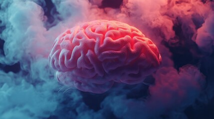 Poster - A detailed visualization of a human brain surrounded by a misty cloud on a dark background, showcasing the intricacies of neural connections, 3d illustration.