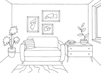 Fototapete - Living room graphic black white home interior sketch illustration vector 