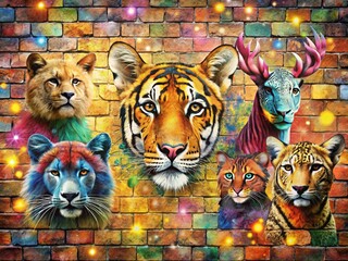 Wall Mural - Animal Patchwork on Distressed Brick: Bokeh Effect Stock Photo