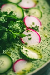 Poster - This is a fresh and vibrant vegetable salad with red radishes, green cucumbers, parsley garnish, and a creamy dressing. It's a healthy, plant-based meal that showcases the beauty of raw ingredients.