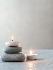 Aufkleber - Relaxing spa with smooth massage stones and lit candles creating a calming atmosphere for wellness and tranquility. Generative AI
