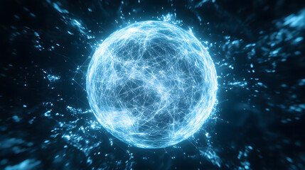 Poster - A glowing, abstract sphere surrounded by luminous lines and particles, representing energy, connection, and cosmic phenomena
