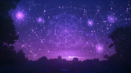 Poster - A mystical night sky filled with shimmering stars and cosmic patterns, framed by silhouetted trees and a distant horizon