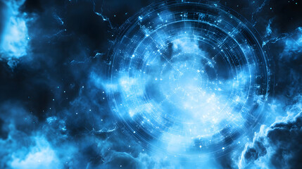 Aufkleber - A mesmerizing cosmic scene filled with swirling blue clouds and sparkling stars, evoking feelings of mystery and the vastness of space