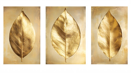Poster - Three golden leaf artworks on a textured background, showcasing elegance and nature's beauty in a contemporary style