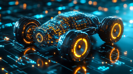 Poster - A futuristic, glowing robotic car stands on a digital surface, showcasing vibrant lights and intricate circuitry, embodying advanced technology