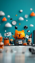 Poster - Vibrant 3D cartoon characters gathered around a minimalist office desk engaged in a dynamic discussion about bold business strategies and innovative plans  The workspace showcases a modern