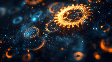 Aufkleber - A digital design featuring glowing gears in vibrant colors, set against a dark, starry background, evoking themes of technology and innovation