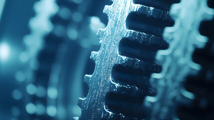 Poster - Close-up of metallic gears interlocking, showcasing intricate details and a cool, blue-toned background highlighting the mechanical design