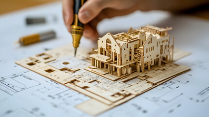 Poster - A hand carefully crafts a wooden architectural model, placed on detailed blueprints, showcasing design and precision in construction