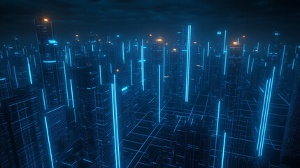 Aufkleber - high tech city at night with glowing blue beams illuminating skyscrapers, creating futuristic atmosphere. dynamic lights enhance urban landscape modernity and vibrancy