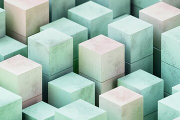 Poster - Abstract 3D rendering of stacked cubes in pastel colors, creating a modern, geometric design with a textured surface and artistic aesthetic.