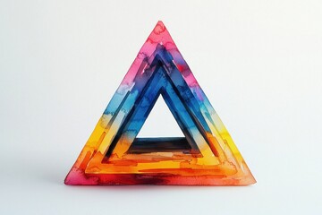 Poster - Watercolor artwork featuring a stacked triangle shape with vibrant gradients of pink, blue, yellow, and orange hues, isolated on a white background.