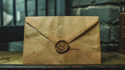 Wall Mural - A brown envelope with a wax seal sits on a wooden table in a dimly lit room.