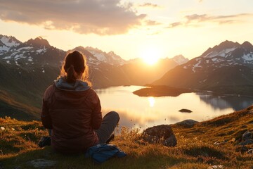 Wall Mural - Watching the sunset over serene mountains and calm waters in the evening light