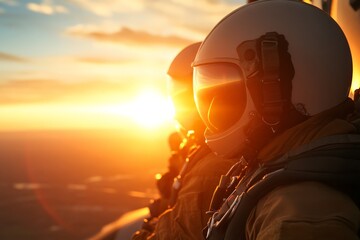 Canvas Print - Two pilots in helmets view a stunning sunset while flying high above the landscape during golden hour