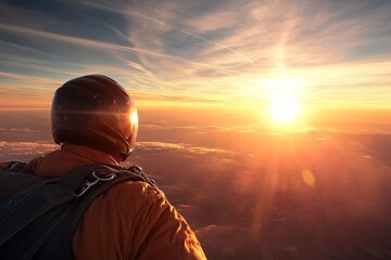 skydiver enjoying a breathtaking sunset view over the clouds at high altitude