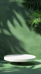 Poster - A minimalist product display stand rests peacefully against a rich green wall, illuminated by soft light that creates intricate leaf shadows, adding a touch of nature's elegance to the scene
