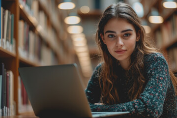 Wall Mural - Woman sitting at a table in a library using a laptop for study or work purposes