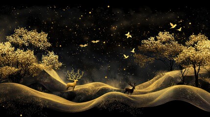 Wall Mural - this is a 3d modern art mural wallpaper of a night landscape with stars, golden trees, deer, birds, 